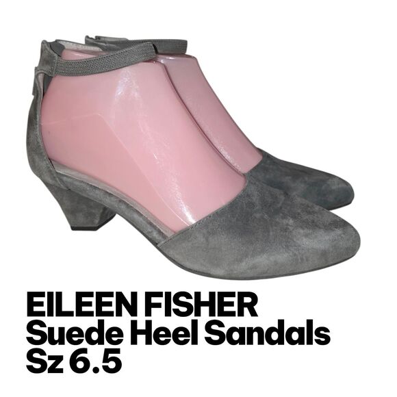 EILEEN FISHER Sz 6.5 Gray Suede Stretchy D'Orsay Ankle Strap Zip Up Heel Sandals - Picture 1 of 11